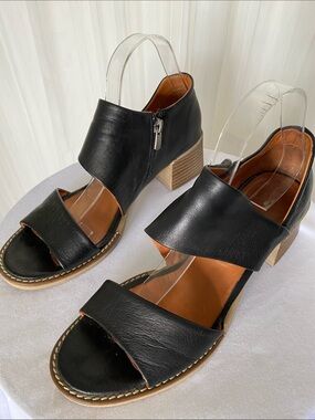 Apropo Black Leather Open-Strap Block Heel Sandals Zipper Size 9